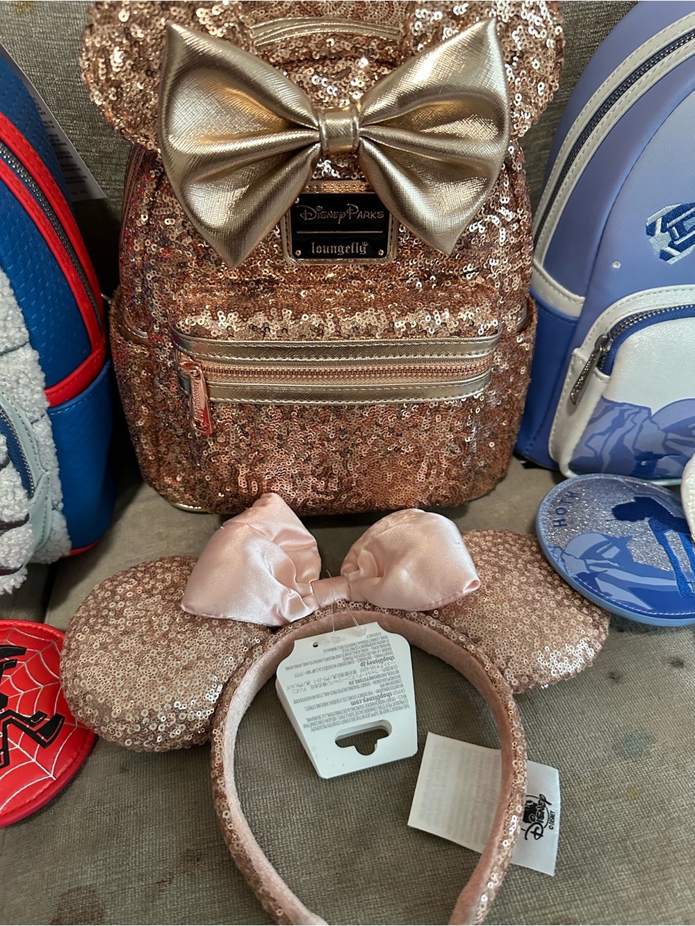 NWT Loungefly Disney Rose Gold Mini Backpack with Matching Minnie Ear Headband
